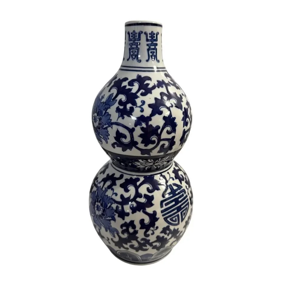 Vintage Ceramic Porcelain Blue White Floral Gourd Chinese Vase Bottle 14